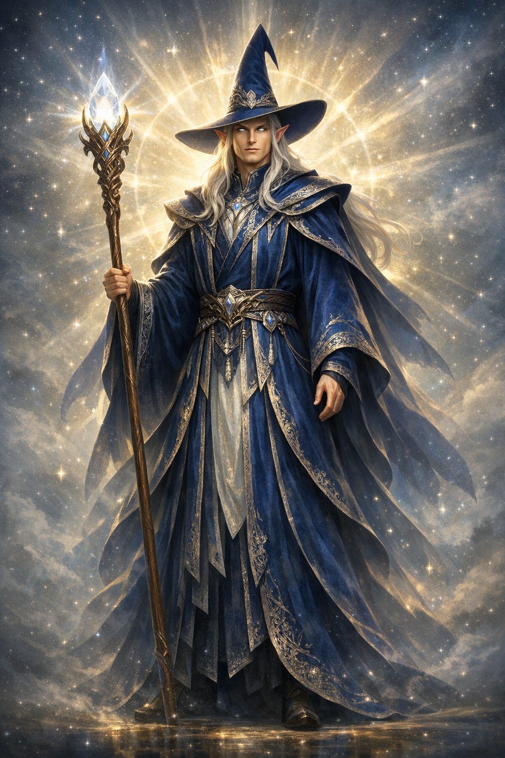 An ascended elf wizard in robes and pointed hat, holding a glowing staff.